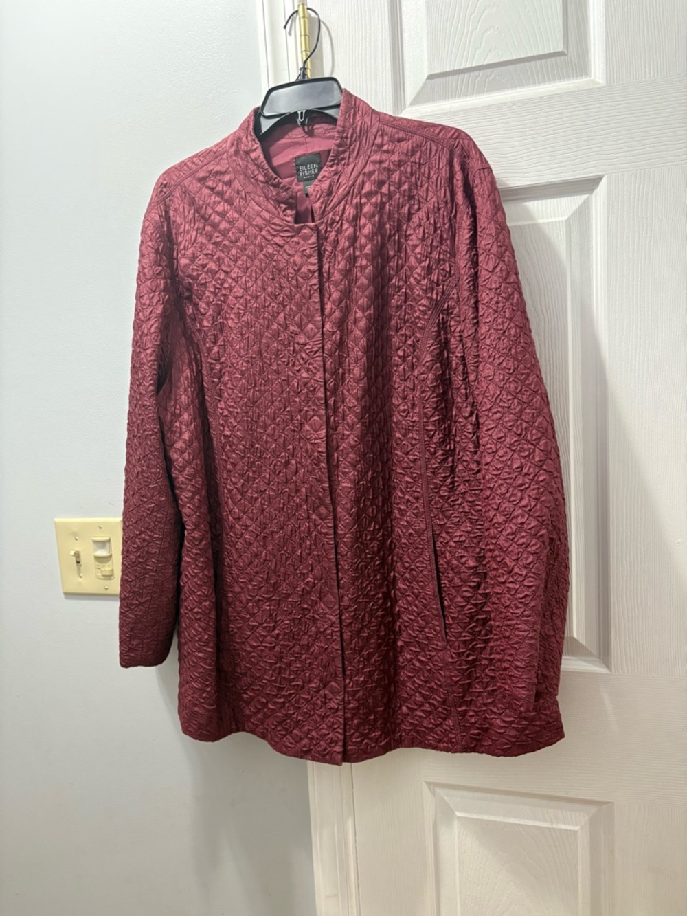 Eileen Fisher Tussah Silk Quilted Lightweight Maroon Open Coat 2X